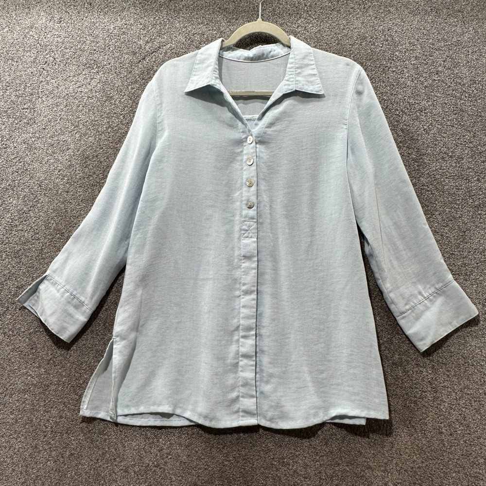 Fridaze Blouse Top Medium Blue 100% Linen Button Up Lagenlook Resortwear